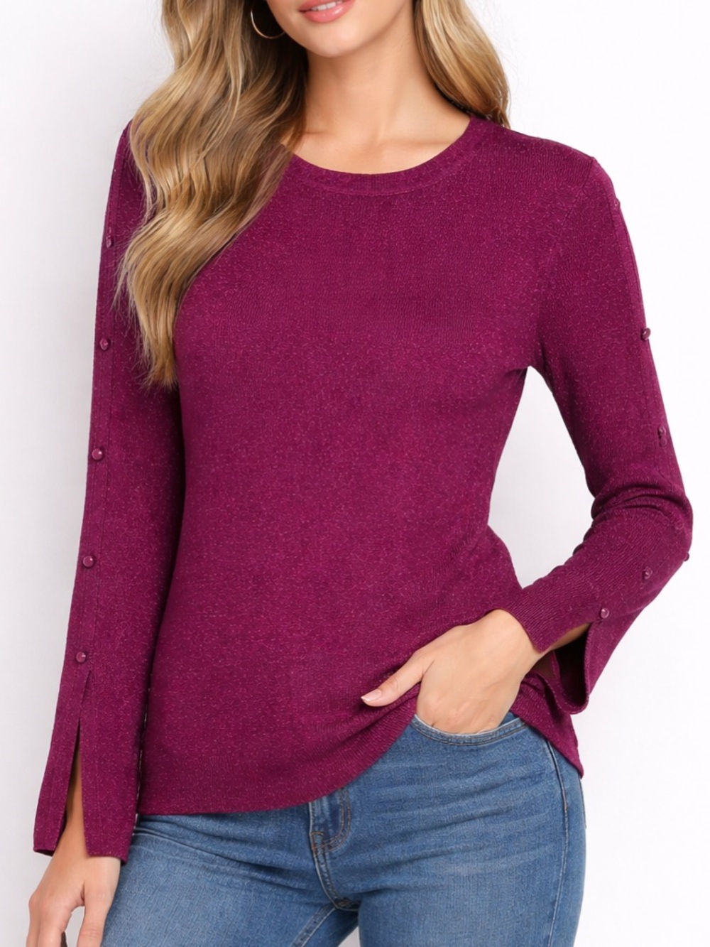 Bob Mackie Metallic Sparkle Burgundy Crew Neck Button Sleeve Sweater Top Size S